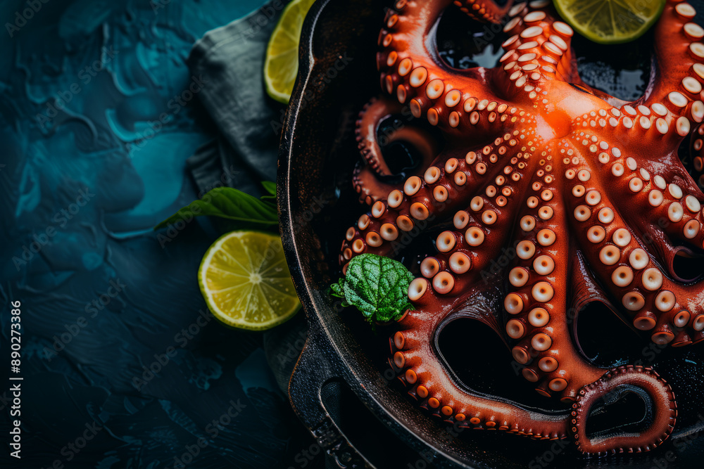 Naklejka premium Close-up of the chef's hand holding octopus tentacles in an iron pan,