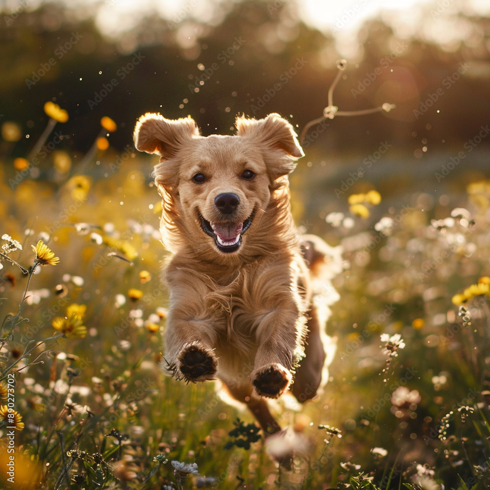 Cute dog running through a spring meadow Cute dog running through a spring meadow