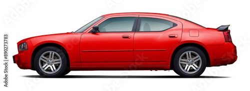 Side view of a powerful red American sedan, in PNG format on a clear background. photo