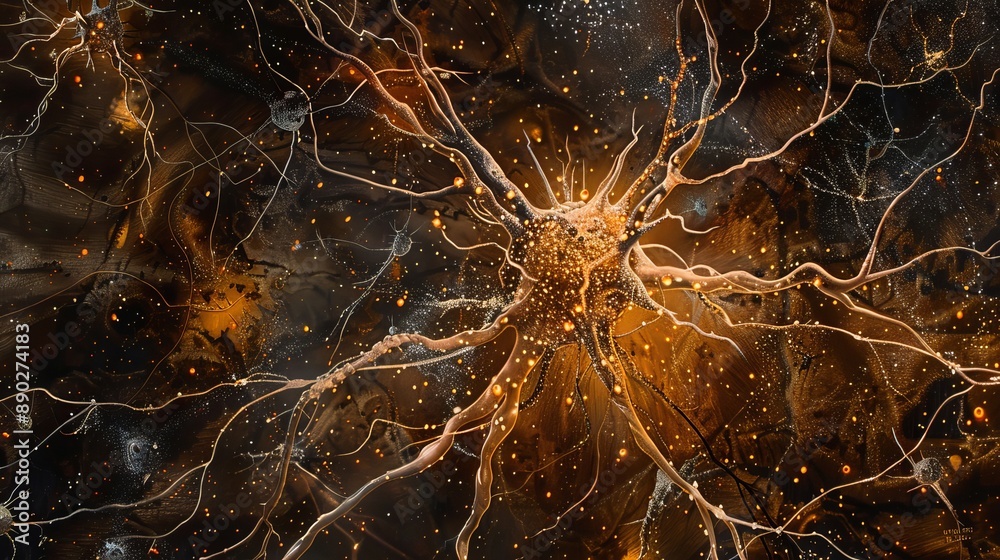 A digital illustration of a neuron with a detailed and complex structure A digital illustration of a neuron with a detailed and complex structure