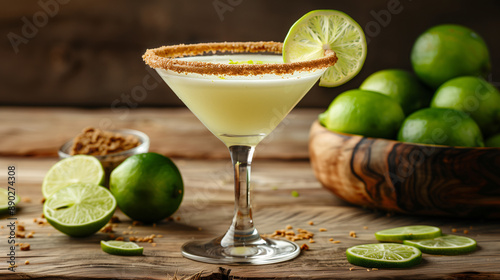 a key lime pie martini, garnished with a graham cracker rim and a lime wheel, served in a martini glass on a wooden table with fresh limes
