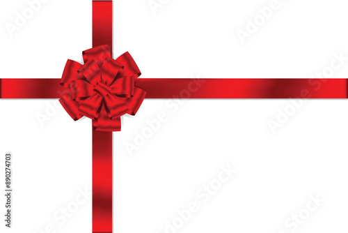 Red bow realistic with horizontal and Vertical cross ribbon place on white background.Red Flower bow ribbon shiny satin for decorate you wedding card, gift card or website Vector EPS10 with copy space