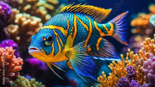 Macro photograph of vibrant colored fish nestled among the corals of a sea reef. Close up view revea - Generative AI technology