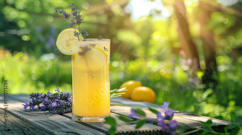 a refreshing lavender lemonade, served in a tall glass with a sprig of fresh lavender and a lemon slice, placed on a wooden picnic table