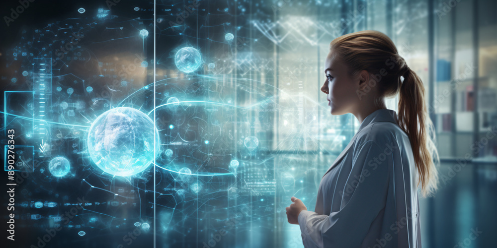 Woman scientist working with virtual technology interface. Woman scientist working with virtual technology interface.