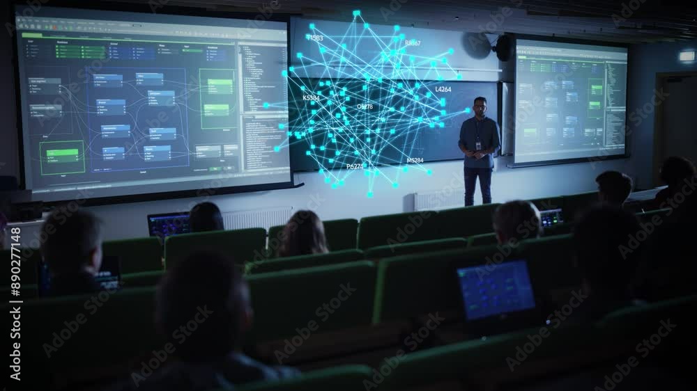 Teacher Lectures on AI with Futuristic Holographic Interface and Data Visualization. Teaching Diverse Students in a Modern Classroom. Interactive Presentation Highlights Advanced Technology Topics