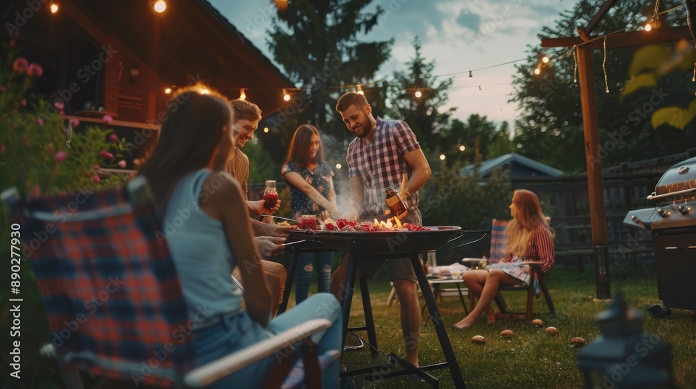 Friends gather around a grill, enjoying a summer evening barbecue. Friends gather around a grill, enjoying a summer evening barbecue.