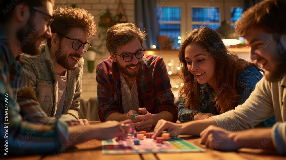 Fototapeta premium Friends gathered around a table, laughing and enjoying a board game night.