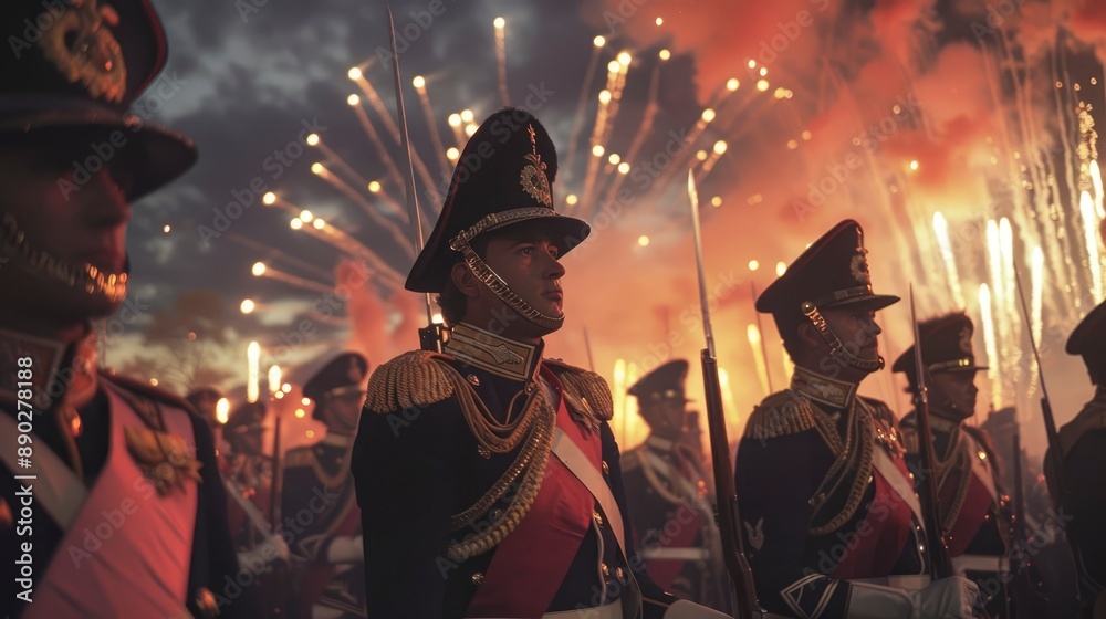 Soldiers stand in formation, silhouetted against a backdrop of fireworks. Soldiers stand in formation, silhouetted against a backdrop of fireworks.