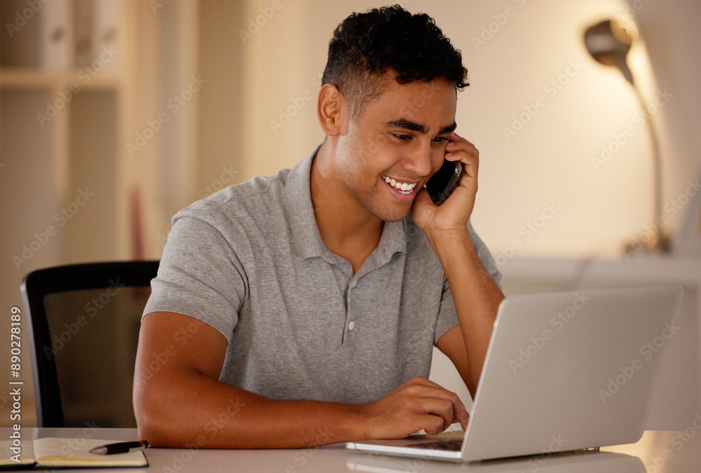 Laptop, phone call and remote work with man in home office for communication, report or typing. Computer, conversation and freelance employment with entrepreneur in apartment for contact or email Laptop, phone call and remote work with man in home office for communication, report or typing. Computer, conversation and freelance employment with entrepreneur in apartment for contact or email