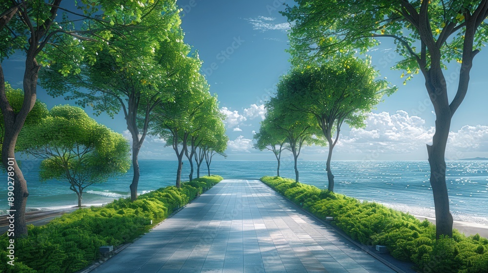 Tranquil Seascape with Tree-Lined Path Tranquil Seascape with Tree-Lined Path
