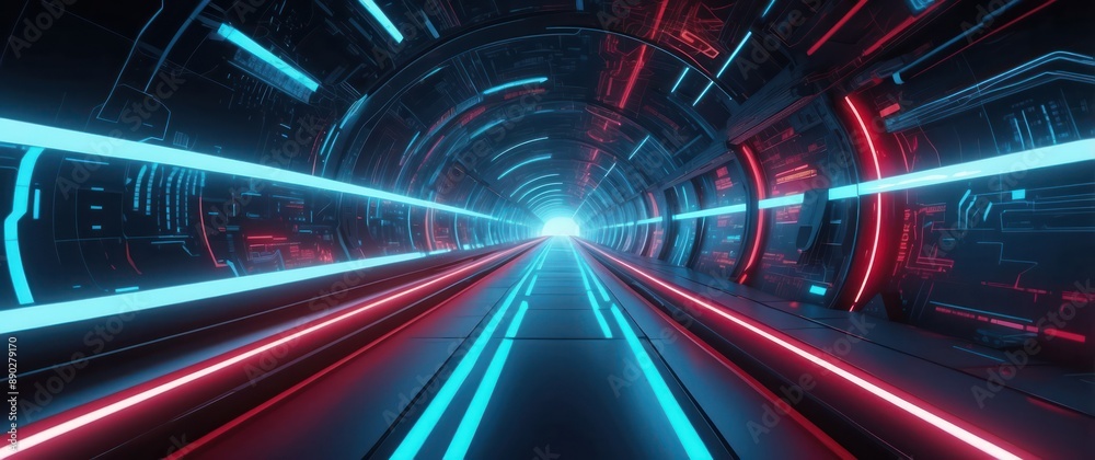 A futuristic tunnel illuminated with vibrant blue and red neon lights, evoking a sense of speed and advanced technology. A futuristic tunnel illuminated with vibrant blue and red neon lights, evoking a sense of speed and advanced technology.