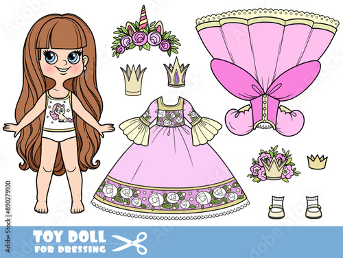 Cartoon long haired brunette girl and clothes separately -ball dresses for princess, crowns and tiara with flowers