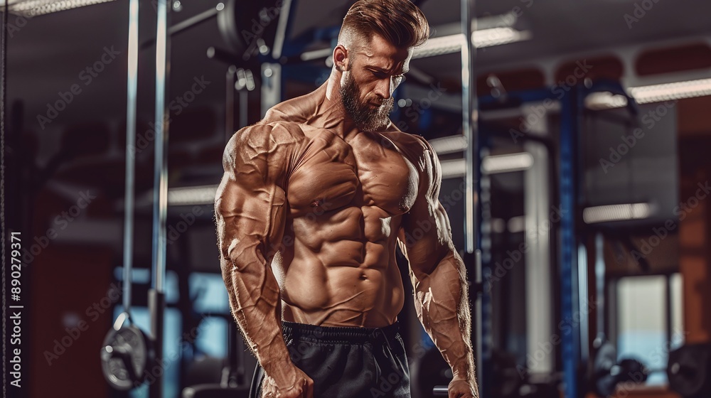 Athletic man workout weight training physical strength, strong bodybuilder, athlete body in gym
