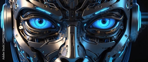 A detailed metallic robot face with glowing blue eyes, embodying futuristic technology and advanced artificial intelligence themes.