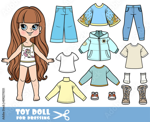 Cartoon long haired brunette girl and clothes separately - long sleeve, jacket, shirt, jeans and sneakers doll for dressing