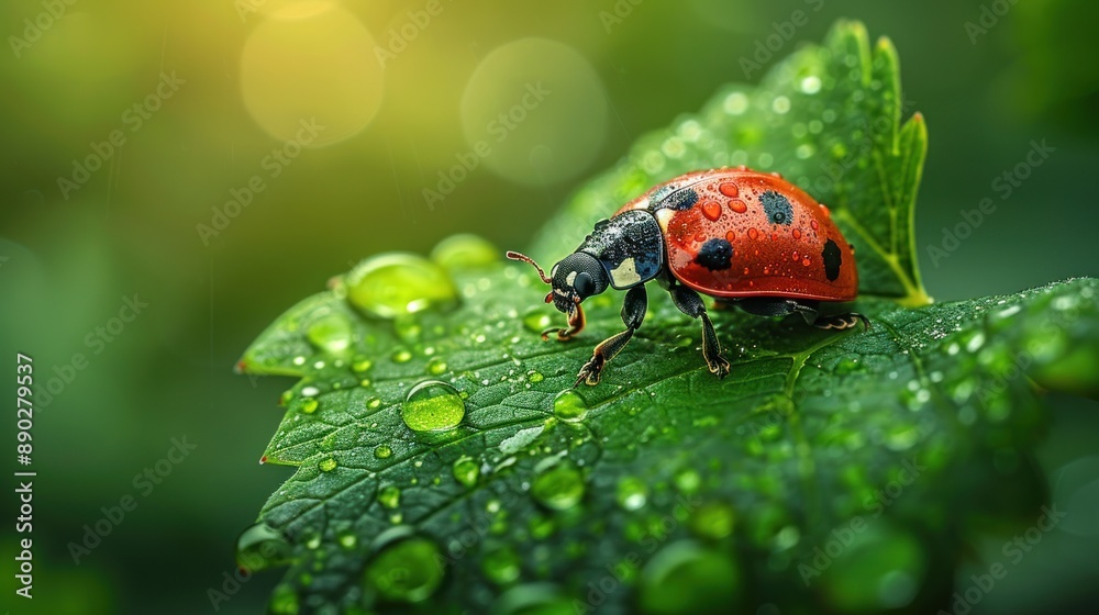 Ladybug on a Dew-Covered Leaf