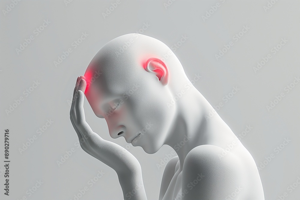 A 3D rendered illustration of a person in pain, with their head and ear highlighted in red to emphasize discomfort A 3D rendered illustration of a person in pain, with their head and ear highlighted in red to emphasize discomfort