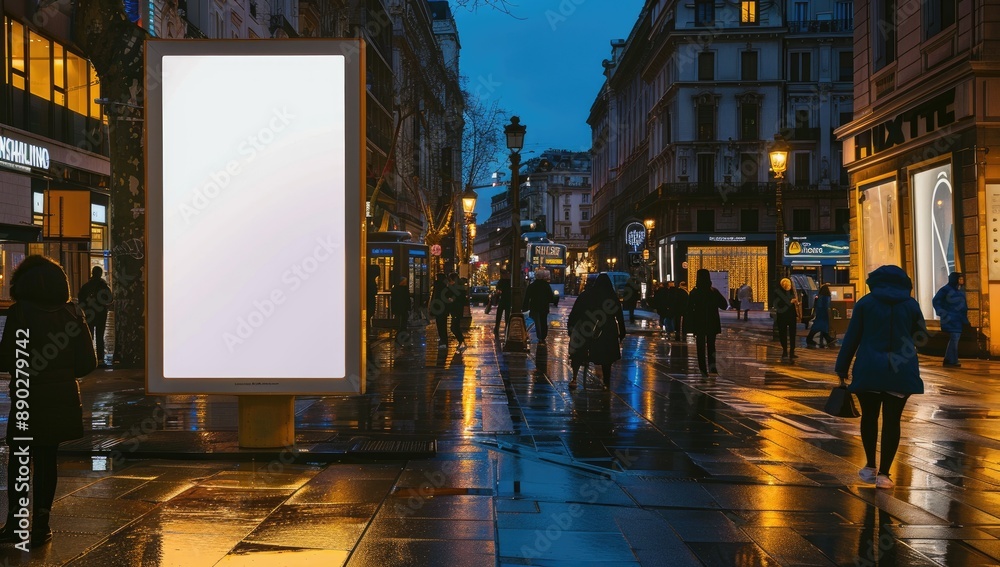 Vertical blank glowing billboard on the city street. In the background buildings and road with cars. Mock up. The poster on the street next to the roadway Vertical blank glowing billboard on the city street. In the background buildings and road with cars. Mock up. The poster on the street next to the roadway
