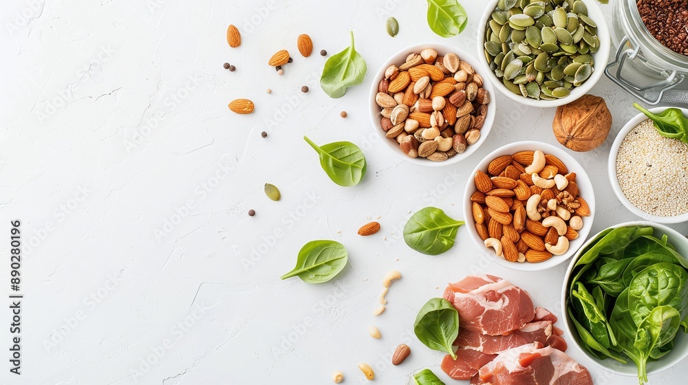 Keto-Friendly Ingredients: Close-up shots of keto-friendly ingredients nuts, seeds, lean meats, and green leafy vegetables, arranged in a visually appealing manner Keto-Friendly Ingredients: Close-up shots of keto-friendly ingredients nuts, seeds, lean meats, and green leafy vegetables, arranged in a visually appealing manner