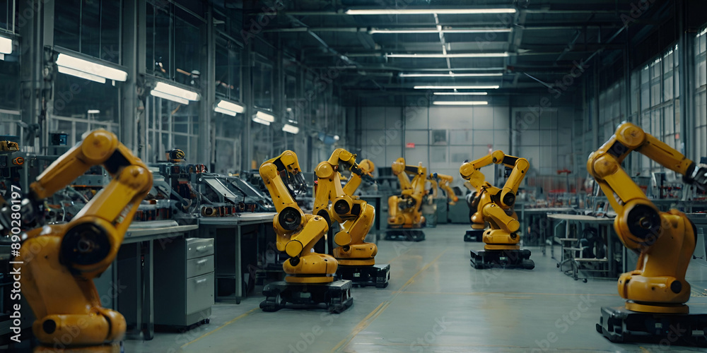 Robots Hurrying to Finish Work in High-Tech Factory with Advanced Tools and Machinery Robots Hurrying to Finish Work in High-Tech Factory with Advanced Tools and Machinery