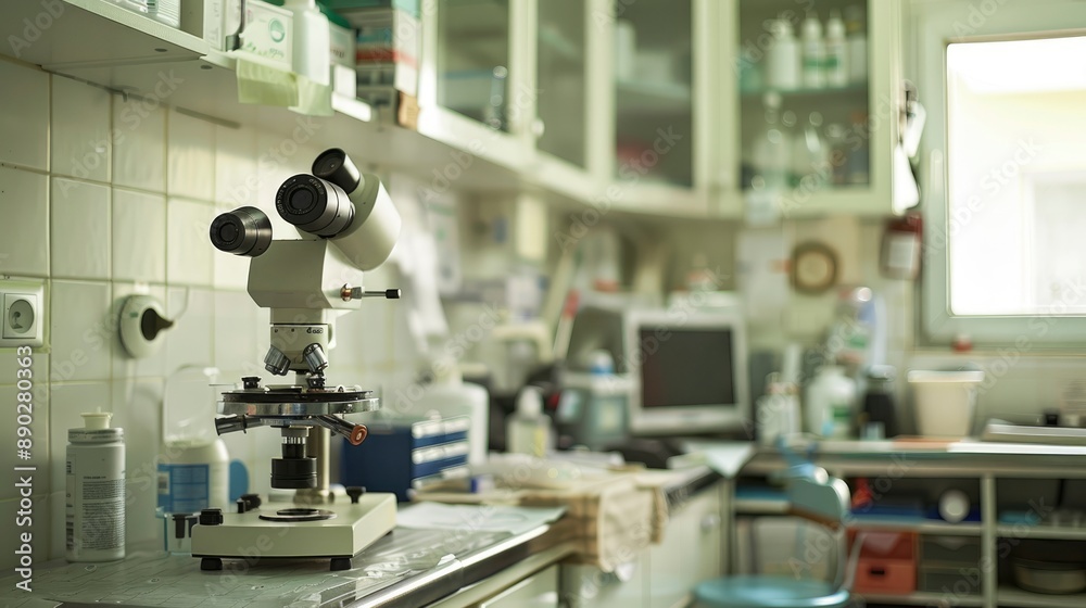 A close-up shot of a microscope in a laboratory setting. A close-up shot of a microscope in a laboratory setting.