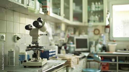 A close-up shot of a microscope in a laboratory setting.