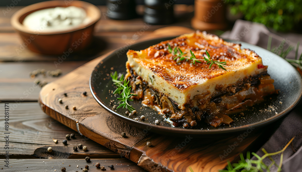 Moussaka - a traditional Greek dish on plate on wooden table Moussaka - a traditional Greek dish on plate on wooden table