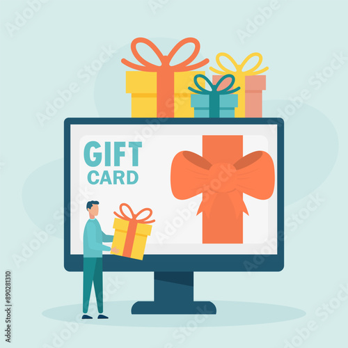 Online gift card, certificate, voucher or coupon on computer screen. Character and sale, loyalty program, bonuses, marketing. Vector illustration	