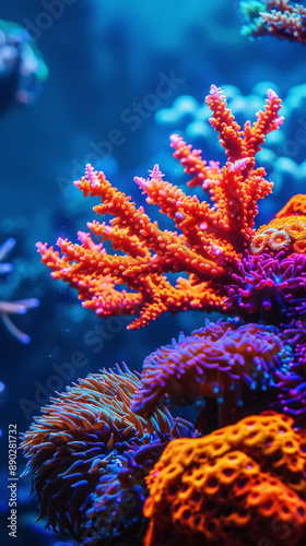 Aesthetic oceanic colorful fluorescent coral reef on blue background. Copy space. Aquarium hobby. Generative AI photo