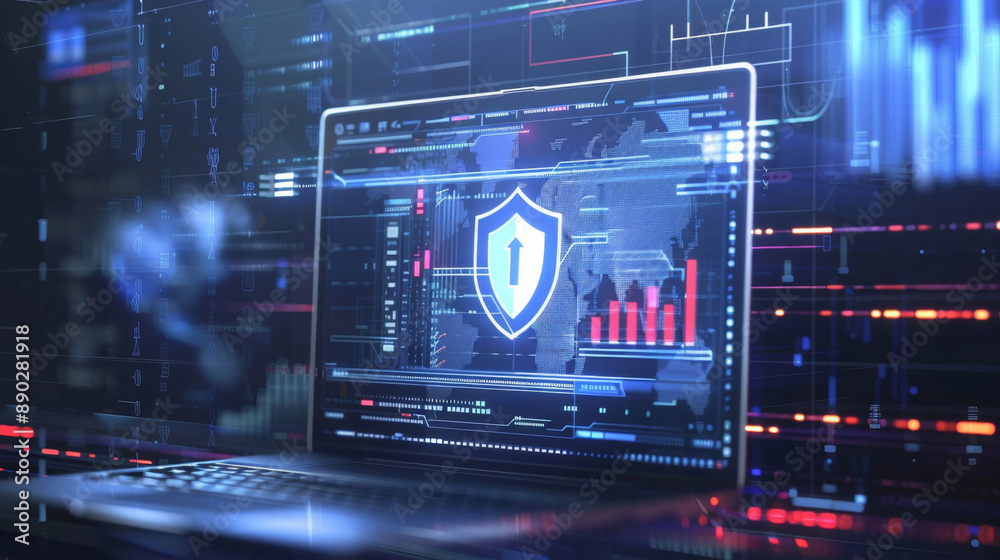 Fototapeta premium Futuristic laptop screen displaying a cybersecurity interface, symbolizing digital protection. Ideal for cybersecurity themes, tech blogs, and IT solutions.