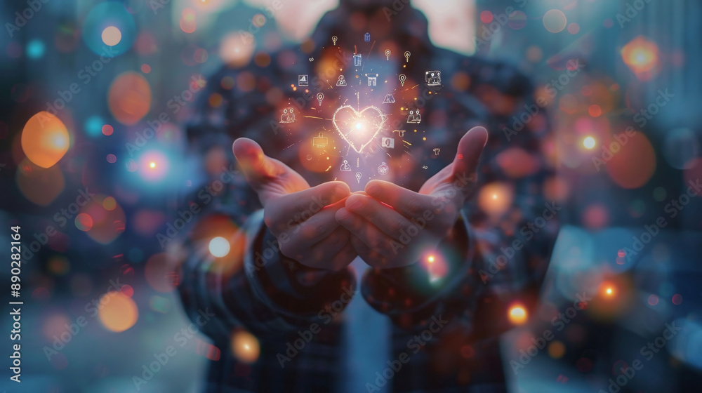 Hands holding glowing heart icon, holographic style, falling bokeh lights, symbolizing love, community, connections, suitable for tech and emotional content. Hands holding glowing heart icon, holographic style, falling bokeh lights, symbolizing love, community, connections, suitable for tech and emotional content.