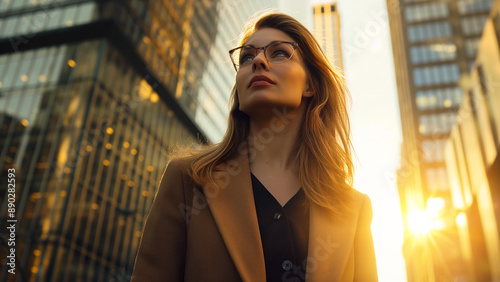 Successful woman in glasses of the business center big city. Career in America and European. Business trip.