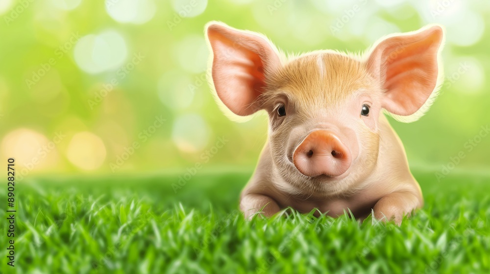 A pig is laying on the grass with its head down. The pig is looking at the camera A pig is laying on the grass with its head down. The pig is looking at the camera