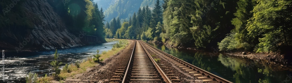 Fototapeta premium Scenic railway track winding through lush forest and mountains beside a tranquil river on a sunny day.