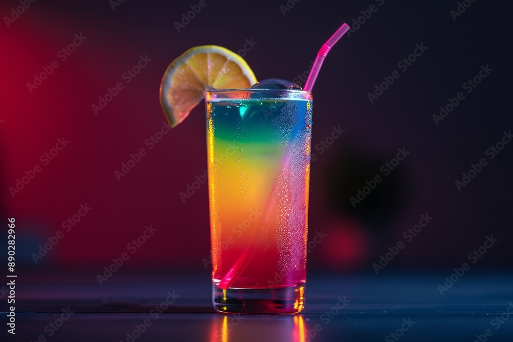 Vibrant neon cocktail with lemon slice and straw set against a dark background capturing the essence of nightlife energy Vibrant neon cocktail with lemon slice and straw set against a dark background capturing the essence of nightlife energy