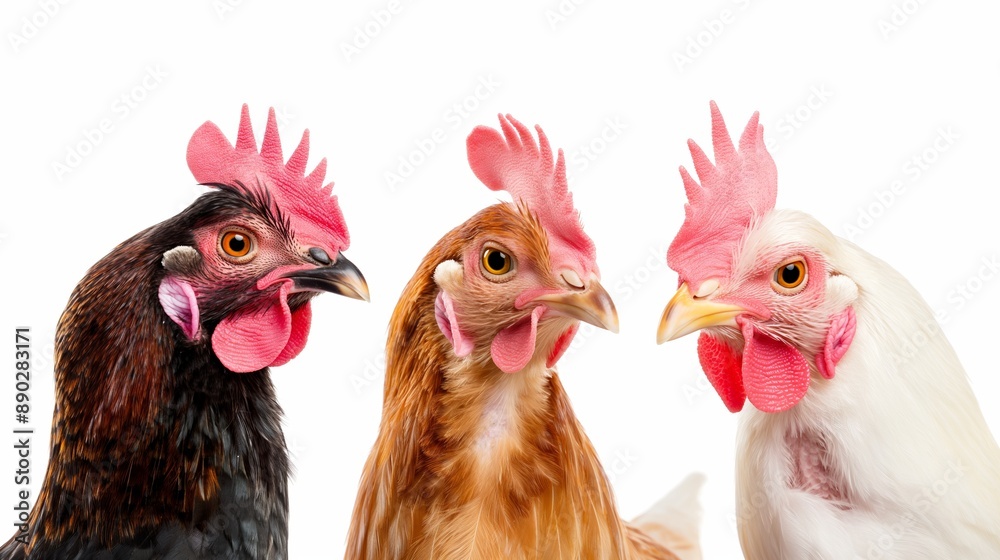 Fototapeta premium Three chickens with different colored heads are standing next to each other. The chickens have red beaks and are looking at the camera