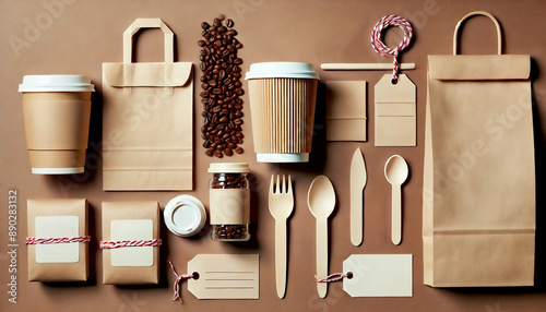 Coffee identity branding mockup set top view with retro filter effect