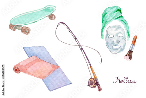 Set of hobby elements in watercolor style