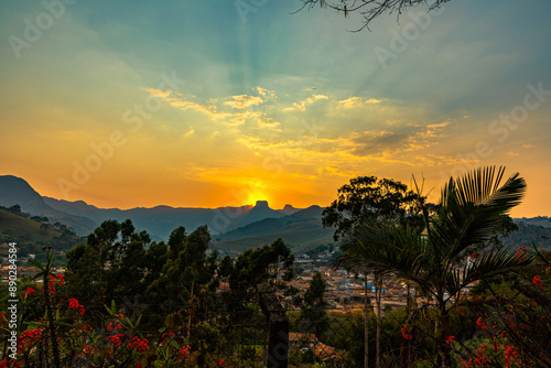 View of the city of São Bento do Sapucaí with Pedra do Baú in the background during sunrise