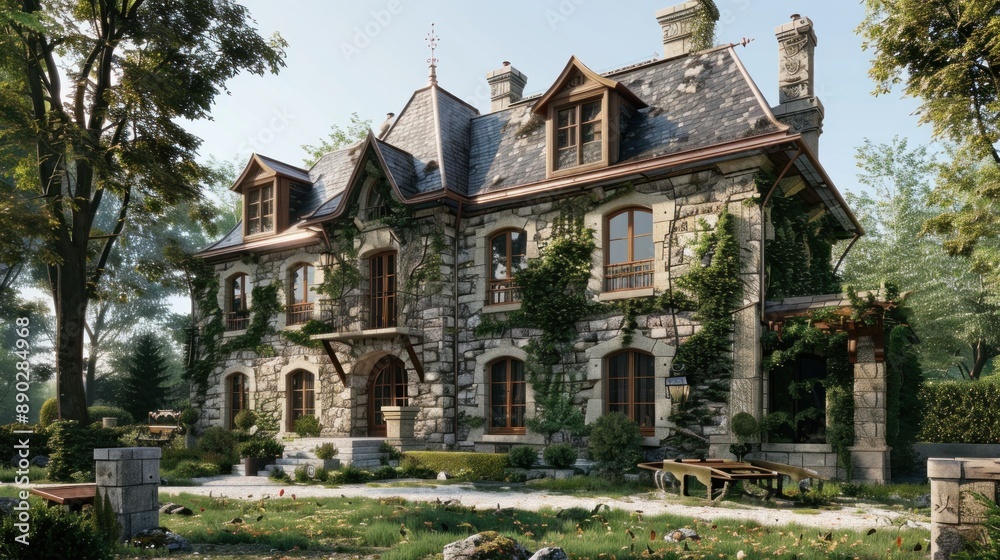 French Country Manor: Create a prompt for a photo realistic image of a French country manor with stone walls, steeply pitched roof, and symmetrical windows French Country Manor: Create a prompt for a photo realistic image of a French country manor with stone walls, steeply pitched roof, and symmetrical windows