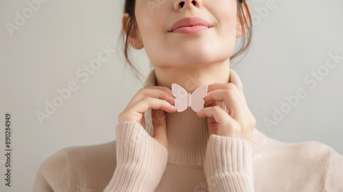 Pretty young woman with butterfly raises awareness about thyroid disorders