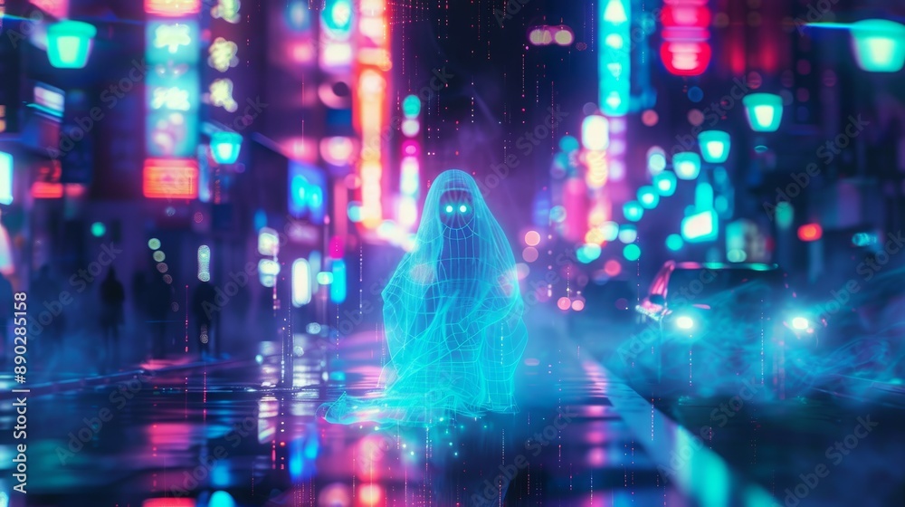 Neon city ghost figure. A ghostly figure stands in the middle of a brightly lit city street, with neon signs and glowing lights reflecting on the wet pavement. Neon city ghost figure. A ghostly figure stands in the middle of a brightly lit city street, with neon signs and glowing lights reflecting on the wet pavement.
