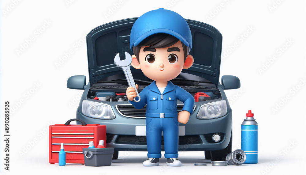 Obraz premium 3D Render of Cartoon-Style Mechanic Fixing Car Model