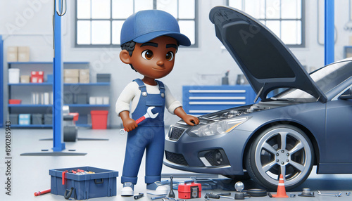 3D Render of Cartoon-Style Mechanic Fixing Car Model