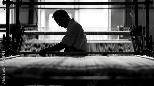 A man works on a loom in a factory, focusing intently on his task. The image is in black and white, capturing the sense of tradition and craftsmanship.