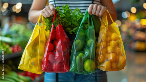 Close-up of a person holding colorful reusable bags filled with fresh vegetables in a grocery store. Promotes sustainable shopping and healthy eating.
