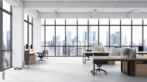 modern office interiors featuring open floor plans, large windows with city views, sleek desks, and ergonomic chairs. The spaces are bright, spacious, and designed to promote productivity and collabor photo