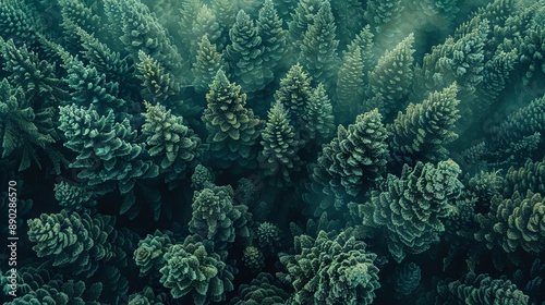 Aerial view of pine forest. An overhead view of a dense pine forest, showcasing the intricate patterns and textures of the evergreen trees.