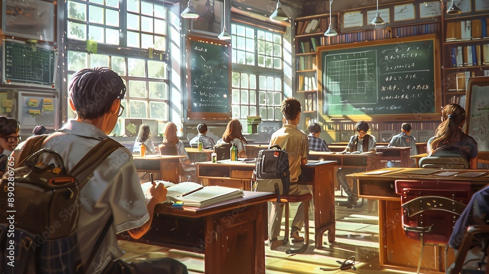 A classroom filled with students, sunlight streams through large windows, highlighting the old wooden desks and chalkboard. A classroom filled with students, sunlight streams through large windows, highlighting the old wooden desks and chalkboard.